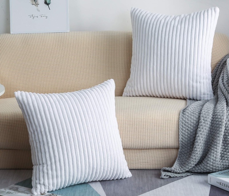 lot 1018017 image: TangDepot, Set of 2 Soft Plush Velvet Big Striped Corduroy Solid Decorative Throw Pillow Covers, Square Pillow Covers - (20x20 2 Pieces, A15 White) - Retail $16