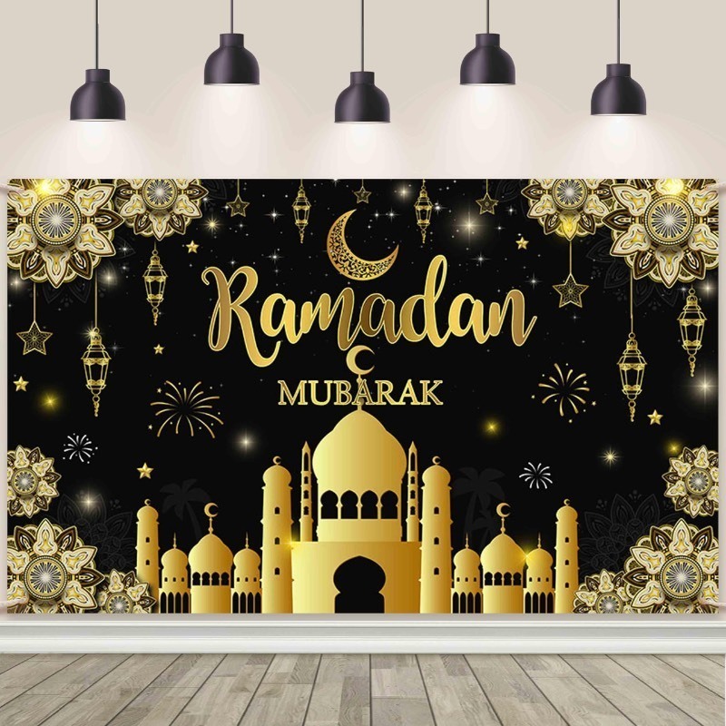 lot 1018102 image: AIBIIN Ramadan Mubarak Backdrop Black Gold Muslim Kareem Banner Eid Al-Adha Mubarak Party Decorations Banner Photo Shoot Props 70.8 x 43.3 Inch - Retail $7