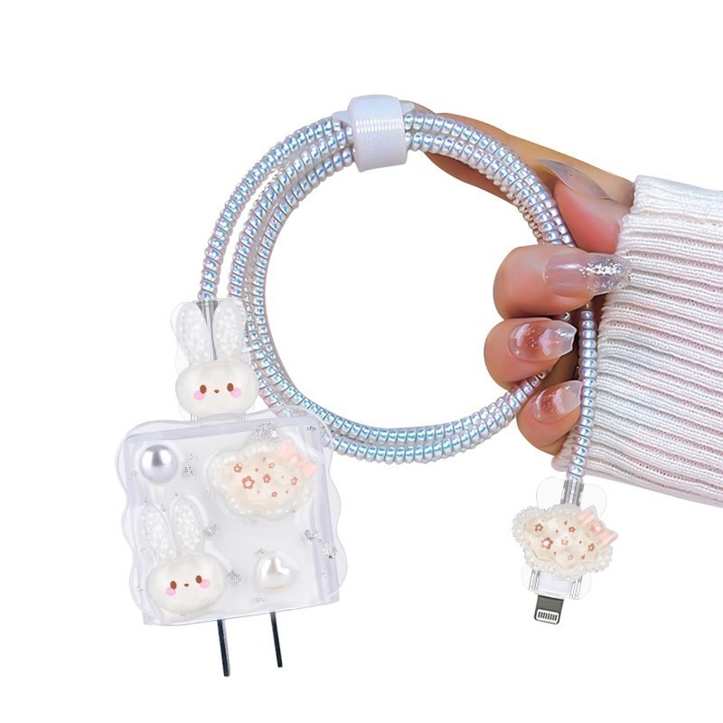 lot 1018166 image: Cute Rabbit Cable Protector for iPhone Adapter Cloud Bunny Lovely Pattern, Silicone Transparent Wavy Edge Data Line Cable USB-C Wire Saver Charger Protector for iPhone 8 11 12 13 14 Pro Max - Retail $20