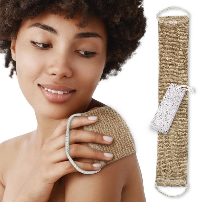 lot 1018194 image: African Net Sponge for Shower & Pumice Stone for Feet  Eco Friendly Exfoliating Body Scrubber & Lava Stone Foot Scrub  Dry Brushing Lufas Bath Accessories  Acne & Dead Skin Removal Long Brush - Retail $6