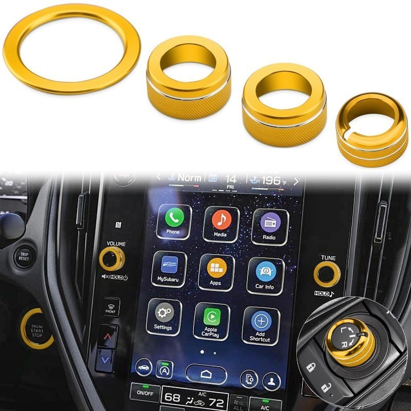 lot 1018241 image: Auovo Volume Tune Knob Cover Fit for Subaru Crosstrek Impreza Accessories 2024 20252025 Forester2020-2025 Outback Legacy 22-25 WRX 24-25 Ascent Push Start Rearview Mirrors Knob Ring (4pcs, Gold) - Retail $17