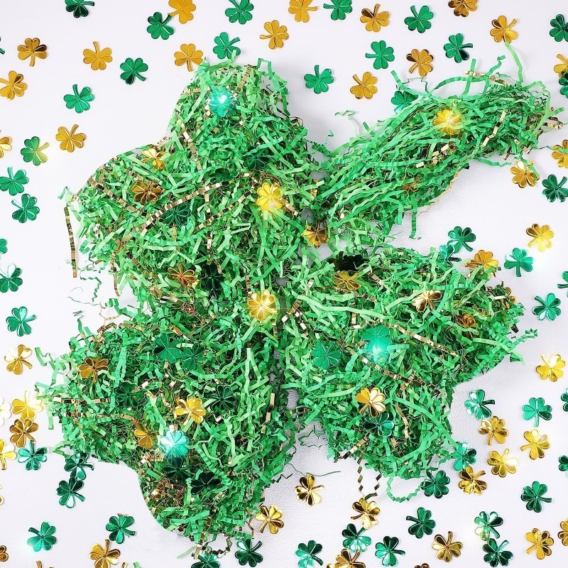 lot 1018249 image: Moinchore 1 lb St Patricks Day Crinkle Cut Paper Shred Filler with Clover Confetti Metallic Gold Green Mix Basket Filler Raffia Tissue Filler Cushion for Gift Box Packaging - Retail $15