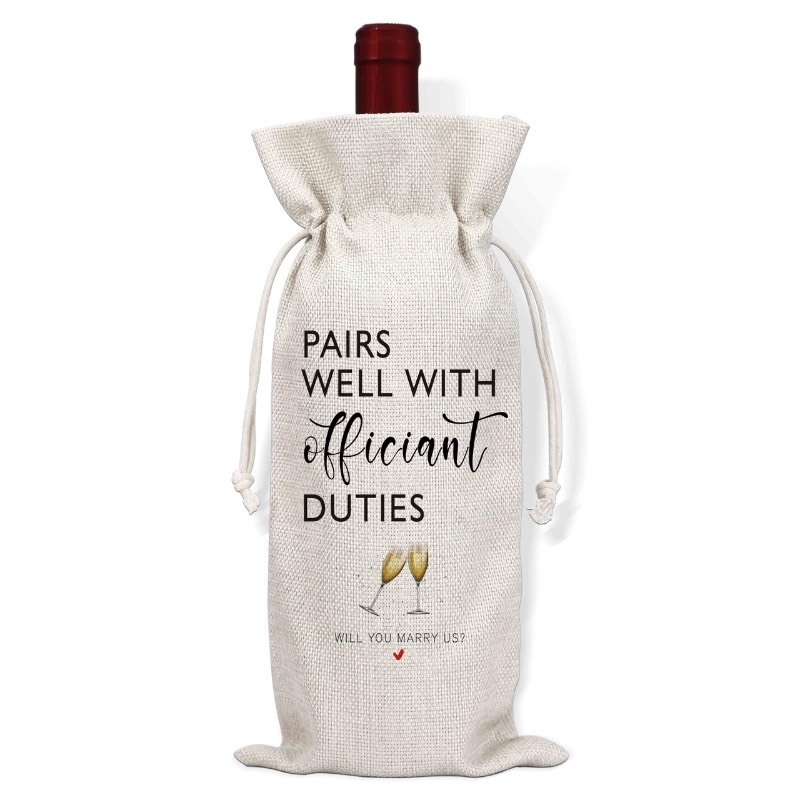 lot 1018309 image: Wedding Officiant Gift Wine Bags, Personalized Burlap Wine Bottle Cover Bag for Engagement, Bridal Shower, Bridesmaid, Bachelorette Party Wine Favor Bag, Wine Bag Gift Party Decorations-L10 - Retail $10