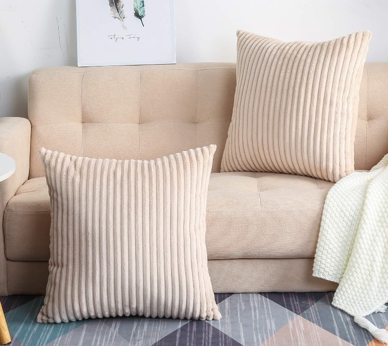 lot 1018407 image: TangDepot, Set of 2 Soft Plush Velvet Big Striped Corduroy Solid Decorative Throw Pillow Covers, Square Pillow Covers - (16x16 2 Pieces, A17 Beige) - Retail $13