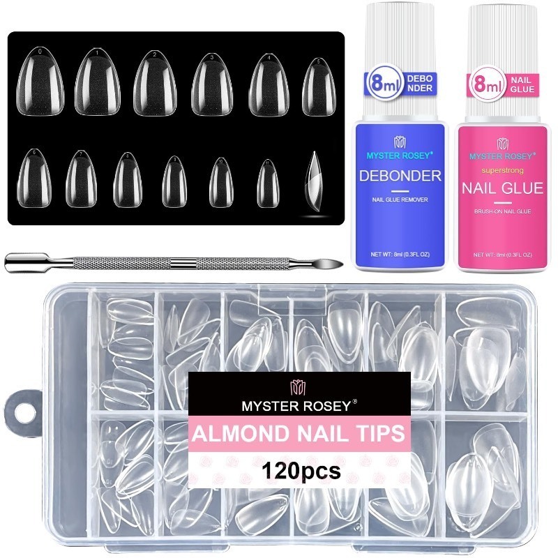 lot 1018596 image: MYSTER ROSEY Nail Art Kit with Glue, Nail Polish Remover, and Short Almond Nails Tips 120pcs, 4 in One Nail Bond Debonder Fake Nails Stainless Steel Stick,1Pack - Retail $20