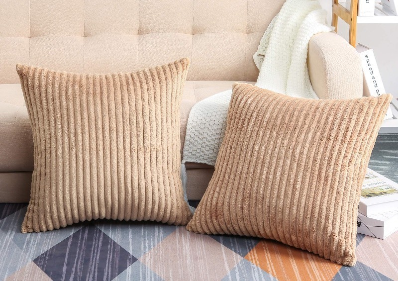 lot 1019042 image: TangDepot, Set of 2 Soft Plush Velvet Big Striped Corduroy Solid Decorative Throw Pillow Covers, Square Pillow Covers - (16x16 2 Pieces, A19 Khaki) - Retail $13