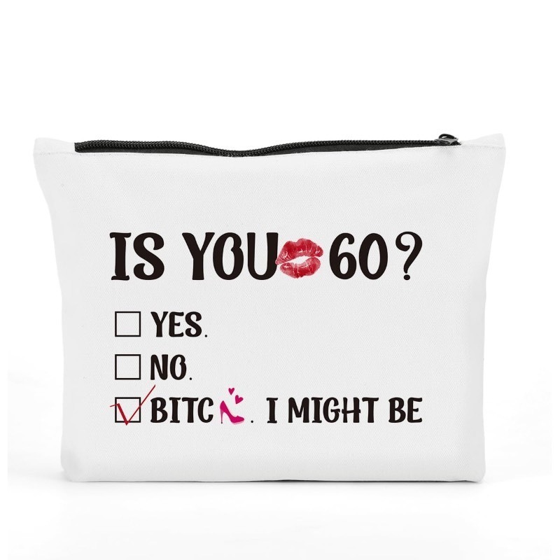 lot 1019045 image: FBCCZEY Funny 60th Birthday Gifts for Women Makeup Bag, 60 Year Old Birthday Gifts for Women Cosmetic Bag, Happy Anniversary 60th Birthday Party Decorations for Woman Makeup Pouch for Mom Grandma - Retail $5