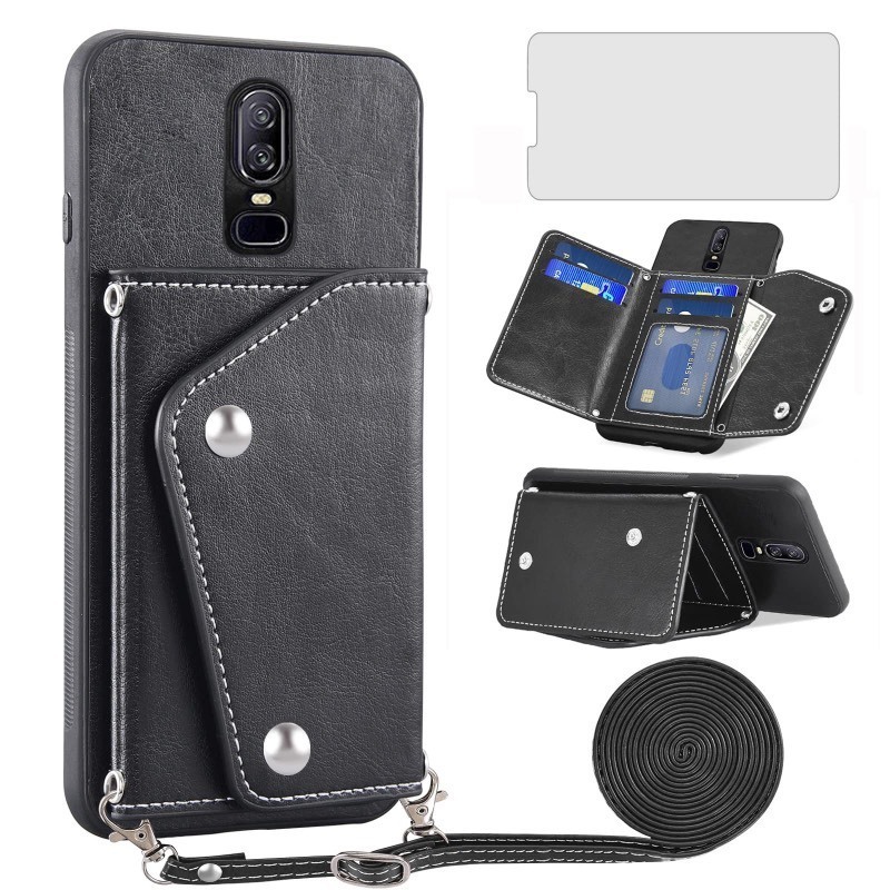 lot 1019129 image: Asuwish Phone Case for OnePlus 6 Wallet Cover with Screen Protector and Credit Card Holder Crossbody Strap Stand Leather Cell OnePlus6 A6000 One Plus6 1 Plus 1plus Six One 1 6 Women Girls Black