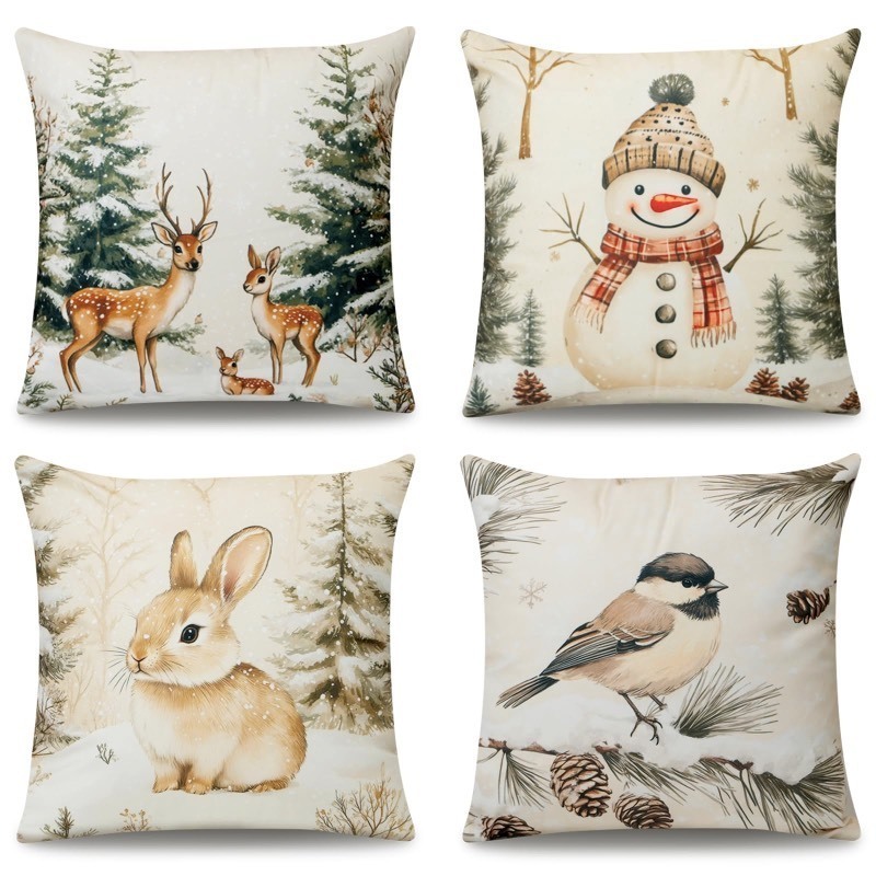 lot 1019165 image: WEPTIV Christmas & Winter Throw Pillow Covers 18x18 Set of 4, Soft Plush Beige Farmhouse Decorative Cushion Cases with Snowman, Deer, Rabbit & Bird - Retail $21