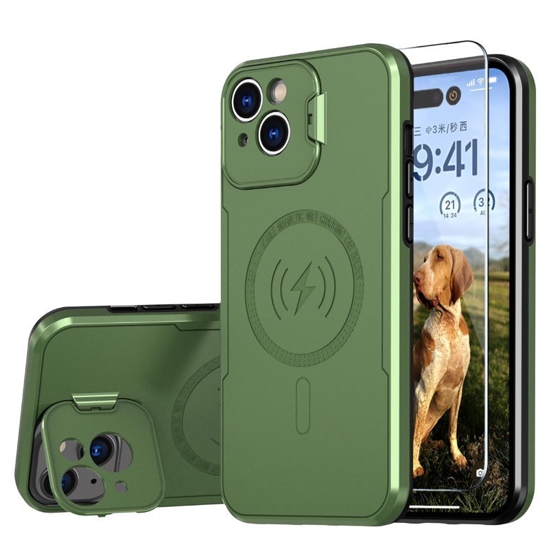 lot 1019198 image: WATEFULL Compatible with iPhone 15 Plus Case MagSafe Charger with Foldable Stand Camera Protector, Glossy Shiny Surface Dual Layer Protective Bumper Magnetic Cover, with 1 Screen Protector��Green�� - Retail $18