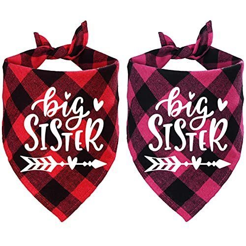 lot 1019299 image: STMK 2 Pack Big Sister Plaid Dog Bandana, Pregnancy Announcement Plaid Dog Bandana, Gender Reveal Photo Prop, Pet Scarf Accessories, Pet Scarves for Dogs (Red and Pink) - Retail $903