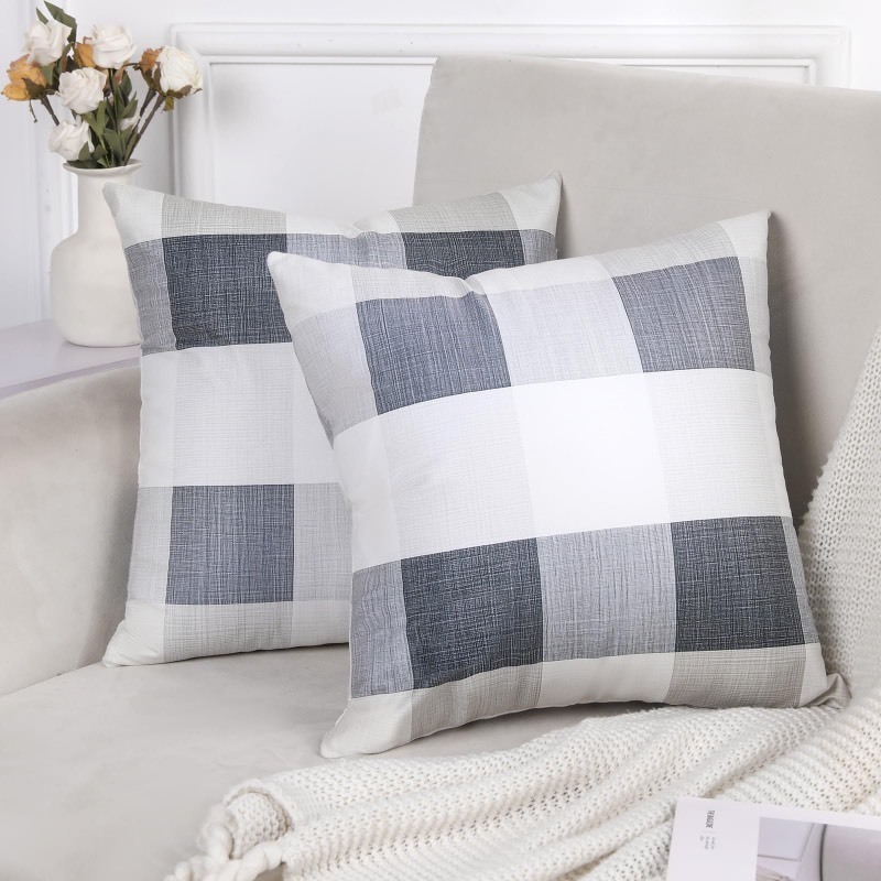 lot 1019375 image: WEPTIV Set of 2 Buffalo Plaid Throw Pillow Covers 18x18 Inch �� Gray and White Soft Short Plush Decorative Cushion Covers for Modern Farmhouse, Couch, Sofa, and Living Room Decor - Retail $14