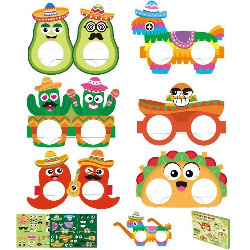 lot 1019386 image: WATINC Eyeglasses Craft Kits - 24Pcs DIY Paper Eyeglasses Frames Craft Kits, Themed Party Favor Decorations, Costume Photo Booth Props Decor Supplies for Kids (Mexican) - Retail $12