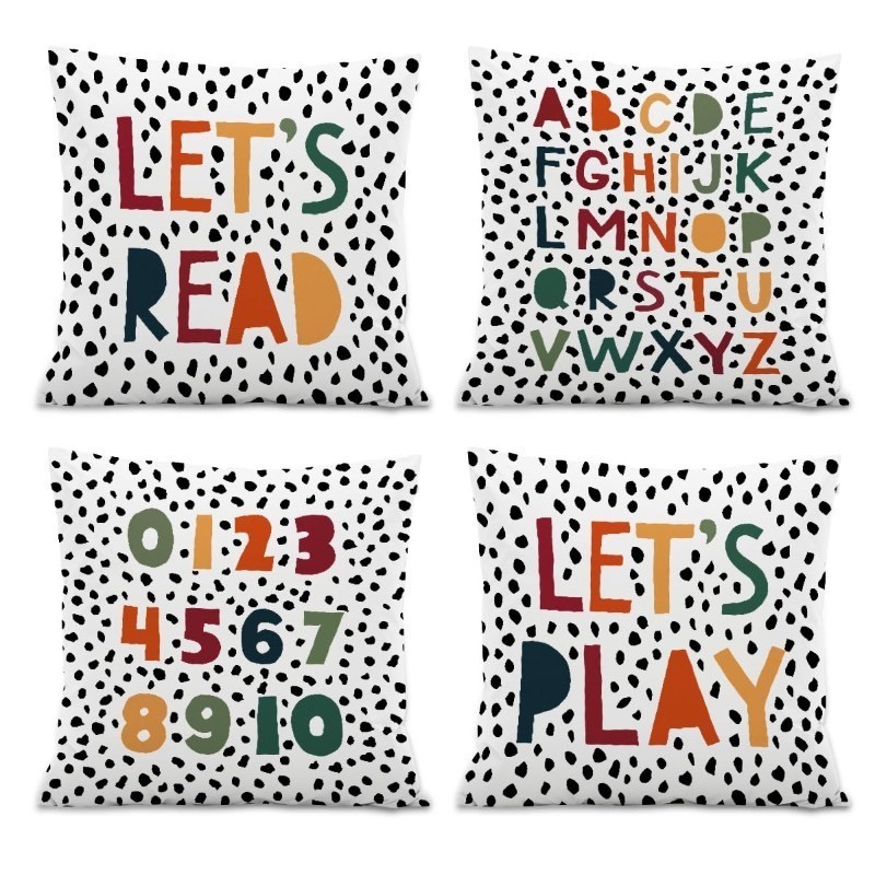 lot 1019420 image: ISANOU Lets Read Play ABC Alphabet Throw PillowCovers,Reading Corner Classroom Toddler Reading Nook Decorate Pillow Covers for Kids Reading Room Playroom Nursery,18x18 Inch Pillowcase Set of 4 - Retail $20
