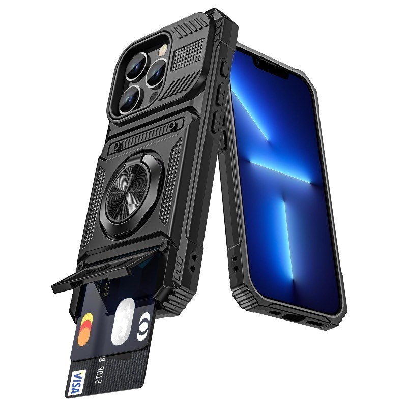 lot 1019444 image: SAMONPOW for iPhone 13 Pro Case Wallet with Card Holder & 360° Magnetic Ring Stand Heavy Duty Protective Dual Layer Shockproof Hidden Card Slot Case for iPhone 13 Pro for Women Men, Black