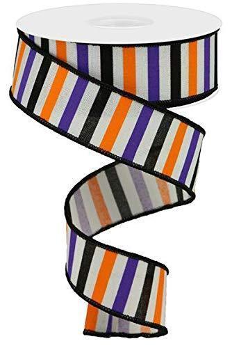 lot 1019579 image: Horizontal Stripe Wired Edge Ribbon - 10 Yards (White, Orange, Purple, Black, 1.5) - Retail $7