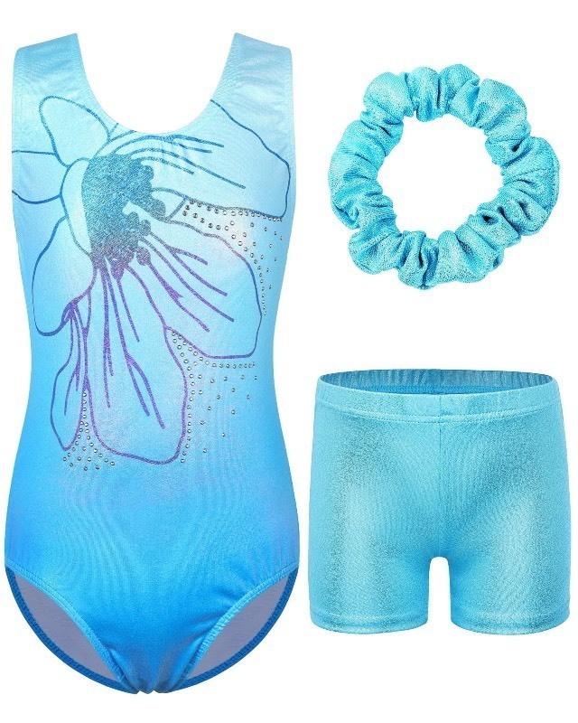 lot 1020052 image: BAOHULU Gymnastics Leotard for Girls Kids Shiny Practice Dancewear with Shorts Set KHB359_BlueFlower_5A - Retail $14
