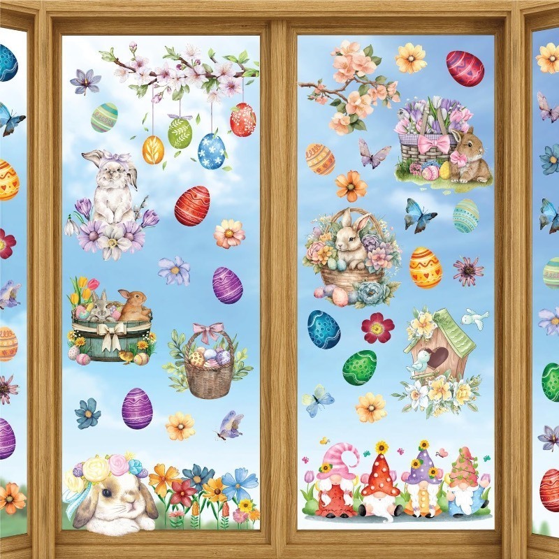 lot 1020121 image: WALPLUS Easter Bunny Watercolour Window Clings Spring Decorations Summer Window Clings Double-Sided Reusable Peel and Stick Removable for Glass Living Room Nursery Room Home Office 46 Pieces - Retail $7