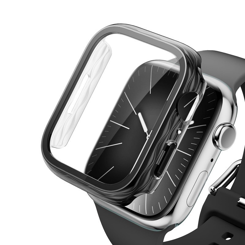 lot 1020152 image: Wavy Case 41mm Compatible with Apple Watch 41mm 45mm Screen Protector Case, HD Tempered Glass Face Cover Big Wave Water Hard PC Bumper for Apple Watch Series 987 41mm iwatch Accessories - 41mm Black