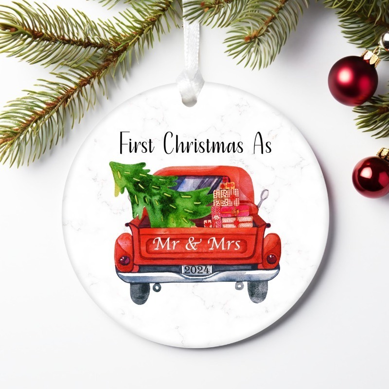 lot 1020191 image: Our First Christmas Married Ornament 2024, Wedding Gifts for Mr and Mrs, 3 Ceramic Christmas Ornament, Wedding Gifts for Couple Xmas Tree Decoration (Red Truck) - Retail $13