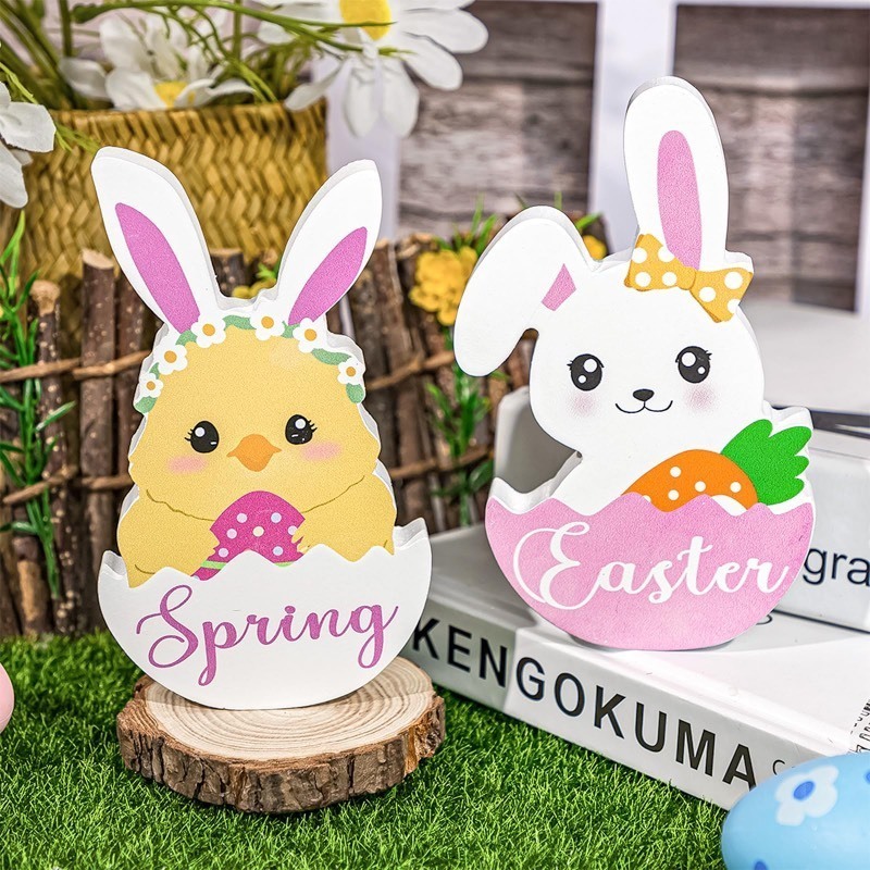 lot 1020243 image: COCHIE Spring Decorations Indoor Wooden Bunny and Chick Set, Cute Small Rabbit Chickichen Tiered Tray Decor, Spring Easter Decoration Signs for Home Table Desk Door Shelf Display (Set of 2) - Retail $20