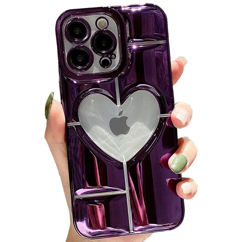 lot 1020313 image: Casechics Compatible with iPhone Case,Luxury Electroplated Heart Shpae Hollow Camera Lens Protection Soft Shockproof Cover Phone Case (Purple, iPhone 15 Pro) - Retail $13