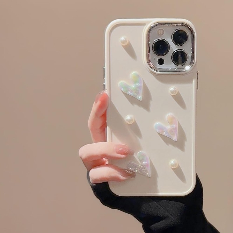 lot 1020318 image: HJWKJUS Compatible with iPhone 11 Case for Girls Women,Cute 3D Love Heart Pearl Design Protection Case Fashion Slim Soft TPU Shockproof Protective Cover for iPhone 11-Creamy White