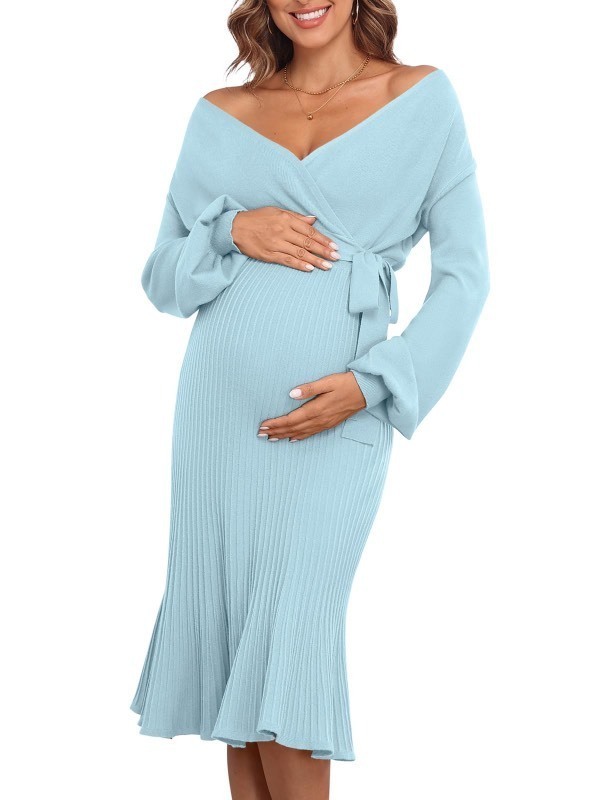 lot 1020362 image: V FOR CITY Maternity Sweater Dress Women Long Sleeve Dresses Knit Pregnancy Photoshoot Baby Shower Spring Light Blue Large - Retail $49