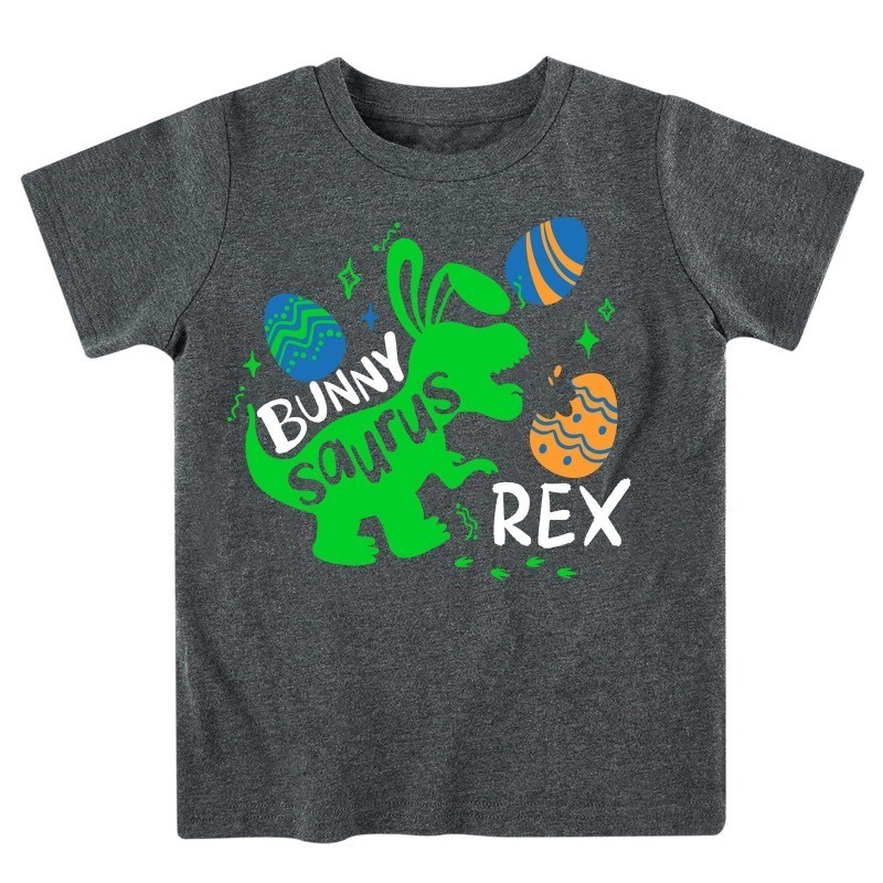 lot 1020364 image: Lovekider Kids Easter Shirt Toddler Happy Easter Dinosaurs Rex T-Shirt Outfits Short Sleeve Baby Grey Bunny Tee 1-2 Years Old