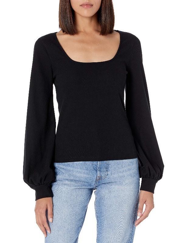 lot 1020376 image: The Drop Womens lucyswhims Square-Neck Balloon-Sleeve Top, Black, L - Retail $45