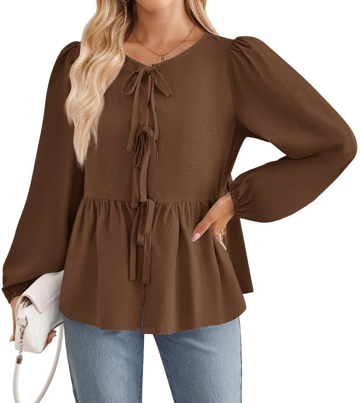 lot 1020391 image: ZESICA Womens Tops Tie Front Long Puff Sleeve Button Peplum Babydoll Cute Shirts Spring Fashion Blouses,Coffee,Large