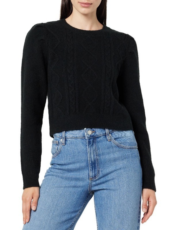 lot 1020446 image: The Drop Womens Gloria Puff Sleeve Cable-Knit Sweater Black, L - Retail $88