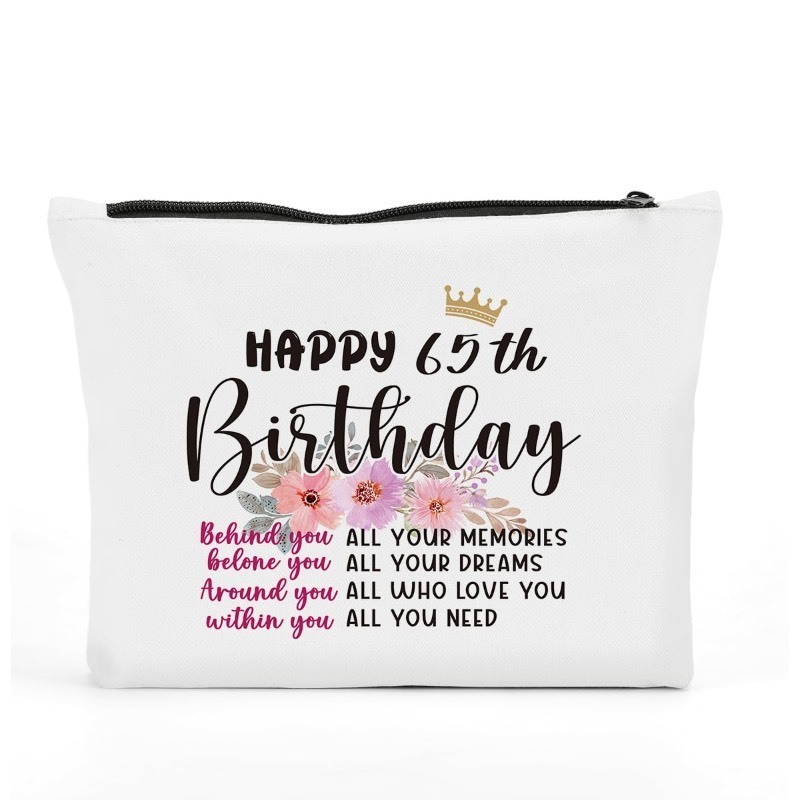 lot 1020478 image: FBCCZEY Funny 65th Birthday Gifts for Women Makeup Bag, Happy Anniversary 65th Birthday Party Decorations for Women Makeup Pouch, 65 Year Old Birthday Gifts for Women Mom Grandma Cosmetic Bag - Retail $4