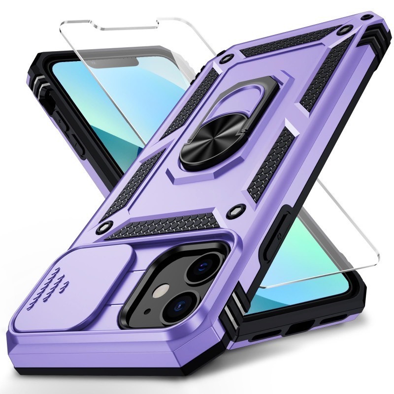 lot 1020482 image: Vinve for iPhone 12 Mini Case with Slide Lens Cover, HD Screen Protector, Military Grade Drop Protection, Magnetic Rotated Ring Holder Kickstand Phone Case Cover for iPhone 12 Mini,Lavender - Retail $13