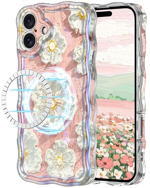 lot 1020521 image: Avocase for iPhone 16 Plus Case, Colorful Oil Painting Flower Cute Wave Frame Curly Shape Laser Glossy Stylish Pattern TPU Full Camera Protection Slim Shockproof Cover for Women Girls, Pink