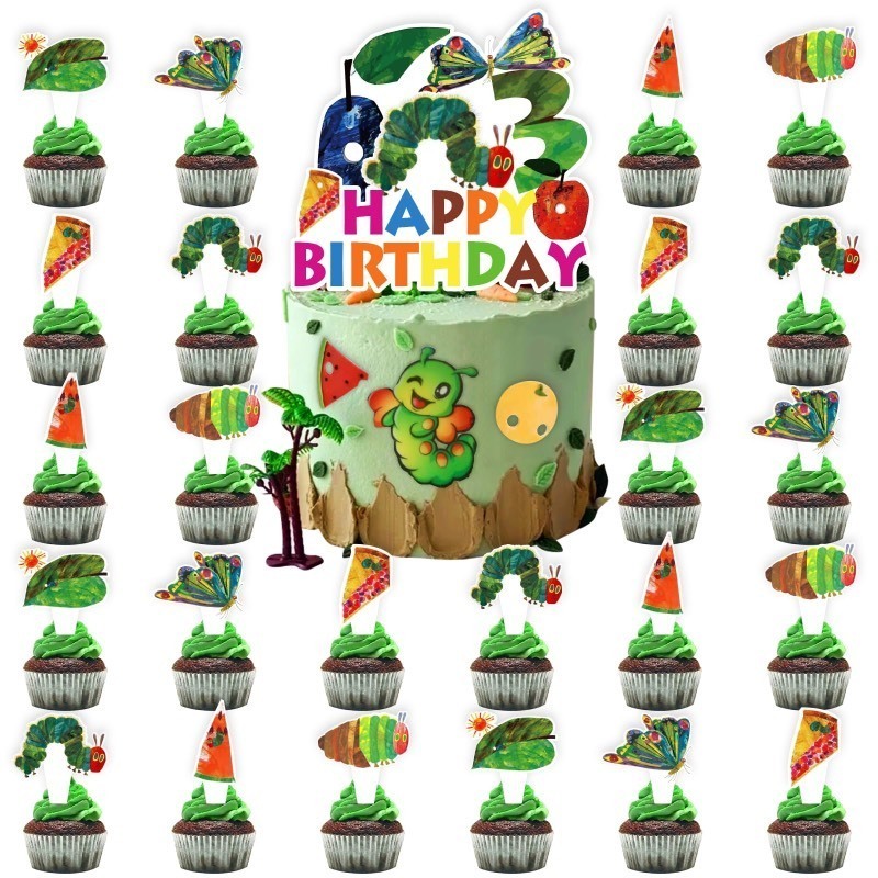 lot 1020545 image: 25pcs Hungry Caterpillar 3rd Birthday Party Supplies, Hungry Caterpillar Cupcake Food Picks Decorations, Reading Story Theme Happy Birthday Kids Cupcake Toppers Decoration (3rd)