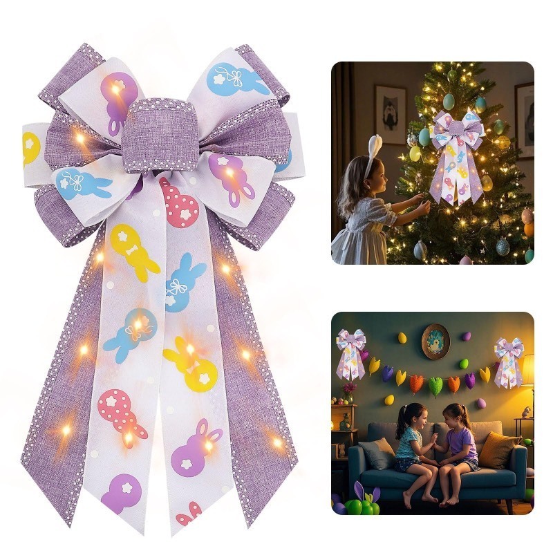 lot 1020592 image: Hying Large LED Easter Bows for Wreath, Easter Bunny LED Wreath Bow White Purple Burlap Bows with LED Lights Farmhouse Tree Topper Bows for Front Door Easter Baby Shower Supplies - Retail $10