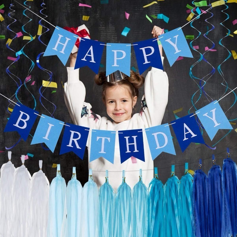 lot 1020593 image: TasorBory Blue Happy Birthday Banner Decorations 13 paper flags that spell the phrase HAPPY BIRTHAY with a ribbon