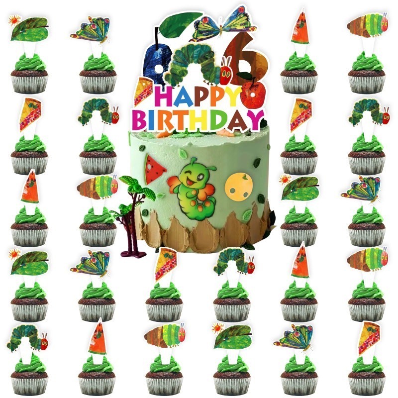 lot 1021055 image: x11 25pcs Hungry Caterpillar 6th Birthday Party Supplies, Hungry Caterpillar Cupcake Food Picks Decorations, Reading Story Theme Happy Birthday Kids Cupcake Toppers Decoration (6th) - Retail $20
