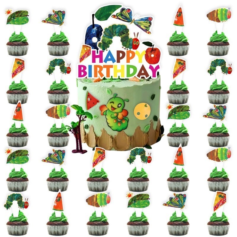 lot 1021056 image: x7 25pcs Hungry Caterpillar Birthday Party Supplies, Hungry Caterpillar Cupcake Food Picks Decorations, Reading Story Theme Happy Birthday Kids Cupcake Toppers Decoration (Hungry Caterpillar) - Retail $12