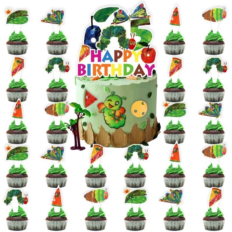 lot 1021058 image: x13 25pcs Hungry Caterpillar 5th Birthday Party Supplies, Hungry Caterpillar Cupcake Food Picks Decorations, Reading Story Theme Happy Birthday Kids Cupcake Toppers Decoration (5th) - Retail $13