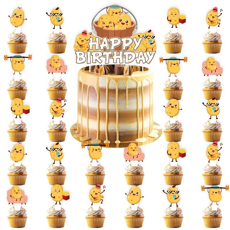 lot 1021060 image: x7 25pcs Potato Birthday Party Supplies, Potato Cupcake Food Picks Decorations, Vegetable Potato Theme Happy Birthday Cupcake Toppers Baby Shower Kids Decoration(Potato) - Retail $10