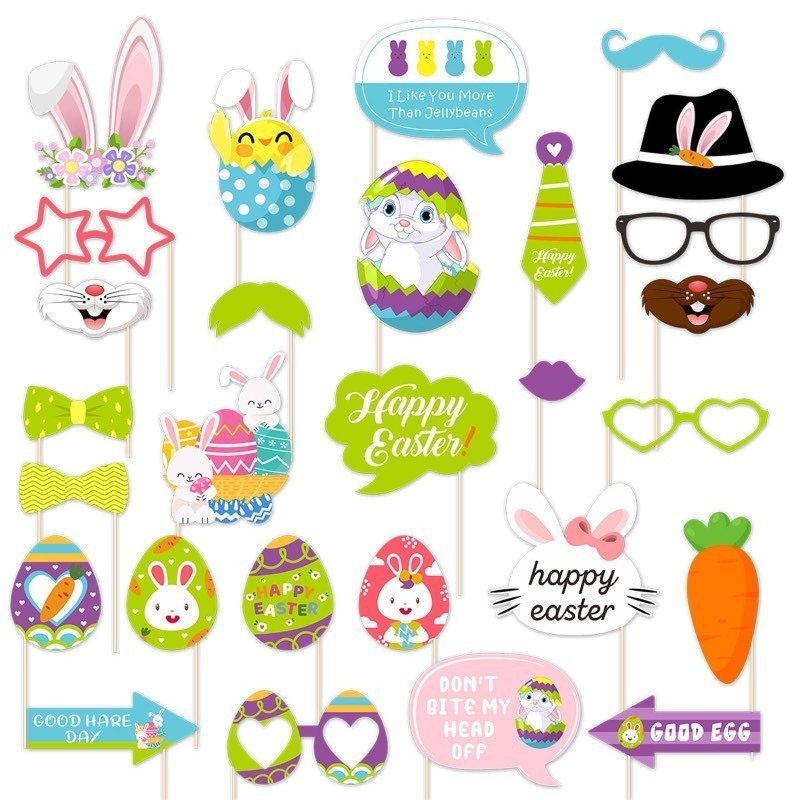lot 1021061 image: 28Pcs Easter Photo Booth Props Happy Easter Photo Props for Photoshoot Cute Easter Eggs Bunny Chicks Party Glasses Selfie Easter Photo Props for Spring Birthday Easter Party Decoration Supplies - Retail $48,998