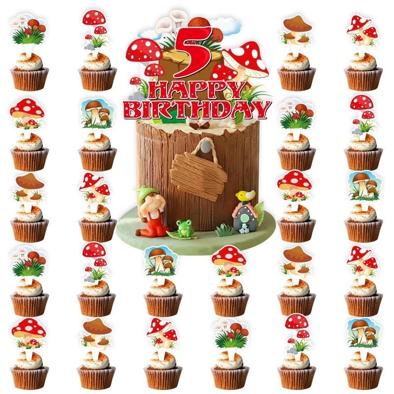 lot 1021062 image: x2 Mushroom 5th Birthday Party Decorations Supplies, Mushroom Cupcake Toppers Decoration Baby Shower Boys and Girls Happy Birthday Cupcake Toppers Decorations (5th) - Retail $7