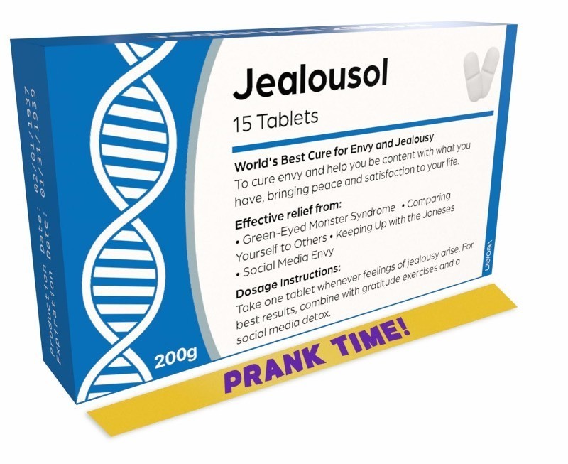 lot 1021091 image: Funny Prank Pill Box, Gag Gifts for Men Women, 20th 30th 40th 50th 60th 70th Birthday Gifts for Him, Birthday Gift Hamper for Her, Secret Santa, Stocking Filler, Silly Present (Jealousy) Jealousol - Retail $6