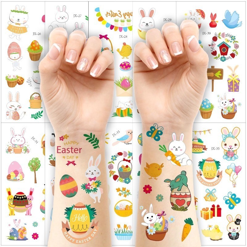 lot 1021094 image: Aresvns Easter Temporary Tattoos for Kids,Easter Party Supplies, Easter Decorations, Bunny Egg Rabbit Flower Butterflies Stickers for Easter Basket Stuffers Egg Fillers Gift - Retail $5