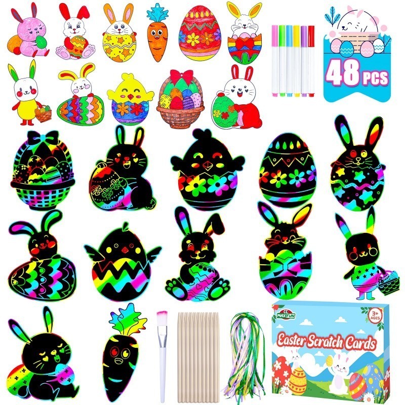 lot 1021256 image: Max Fun Rainbow Color Scratch Easter Crafts Kit Easter Ornaments (96 Counts)-Magic Scratch Off Cards Paper Hanging Art Craft Supplies Educational Toys Kit for Kids Party Favors - Retail $12