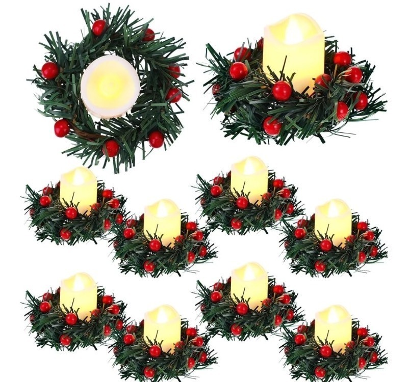 lot 1021460 image: Ceenna 10 Sets Christmas Candle Rings Wreaths 3.35 Inch and Battery Operated LED Tea Lights Candles - Retail $12