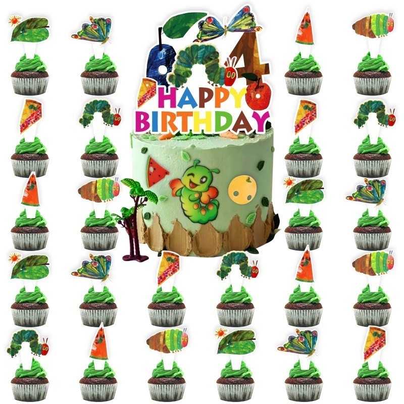 lot 1021583 image: 25pcs Hungry Caterpillar 4th Birthday Party Supplies, Hungry Caterpillar Cupcake Food Picks Decorations, Reading Story Theme Happy Birthday Kids Cupcake Toppers Decoration (4th) 2 Pack - Retail $5,420