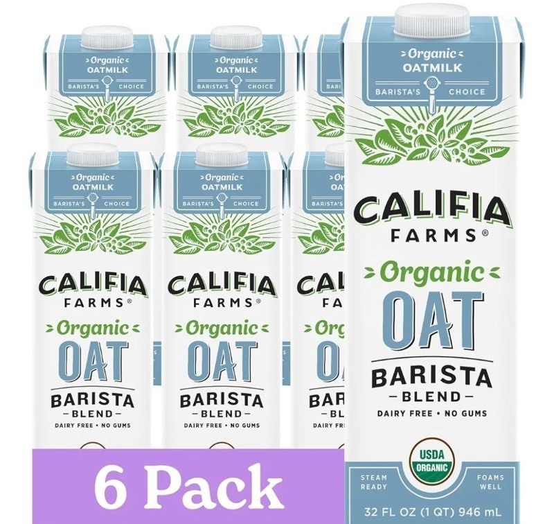 lot 1022052 image: Califia Farms - Organic Oat Barista Blend, 32 oz (Pack of 6), Shelf Stable, Dairy Free, Plant Based, Vegan, Non GMO, Organic Milk, Creamer, Milk Frother, Oatmilk, Best By May 2025 - Retail $20